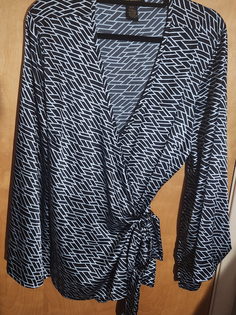 Ashley Stewart Silk Black and Light Gray Geometric Print Blouse